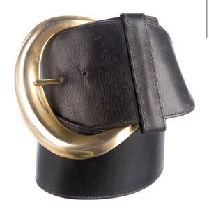 Donna Karan Black Leather Belt with Gold Buckle